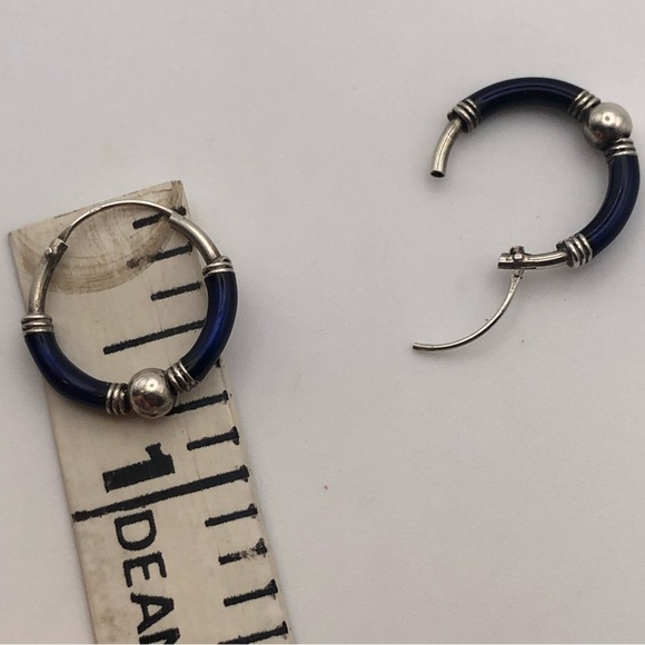 VTG Sterling Blue Enamel Ball Accent Small Hoop Earrings .6” - Picture 8 of 8